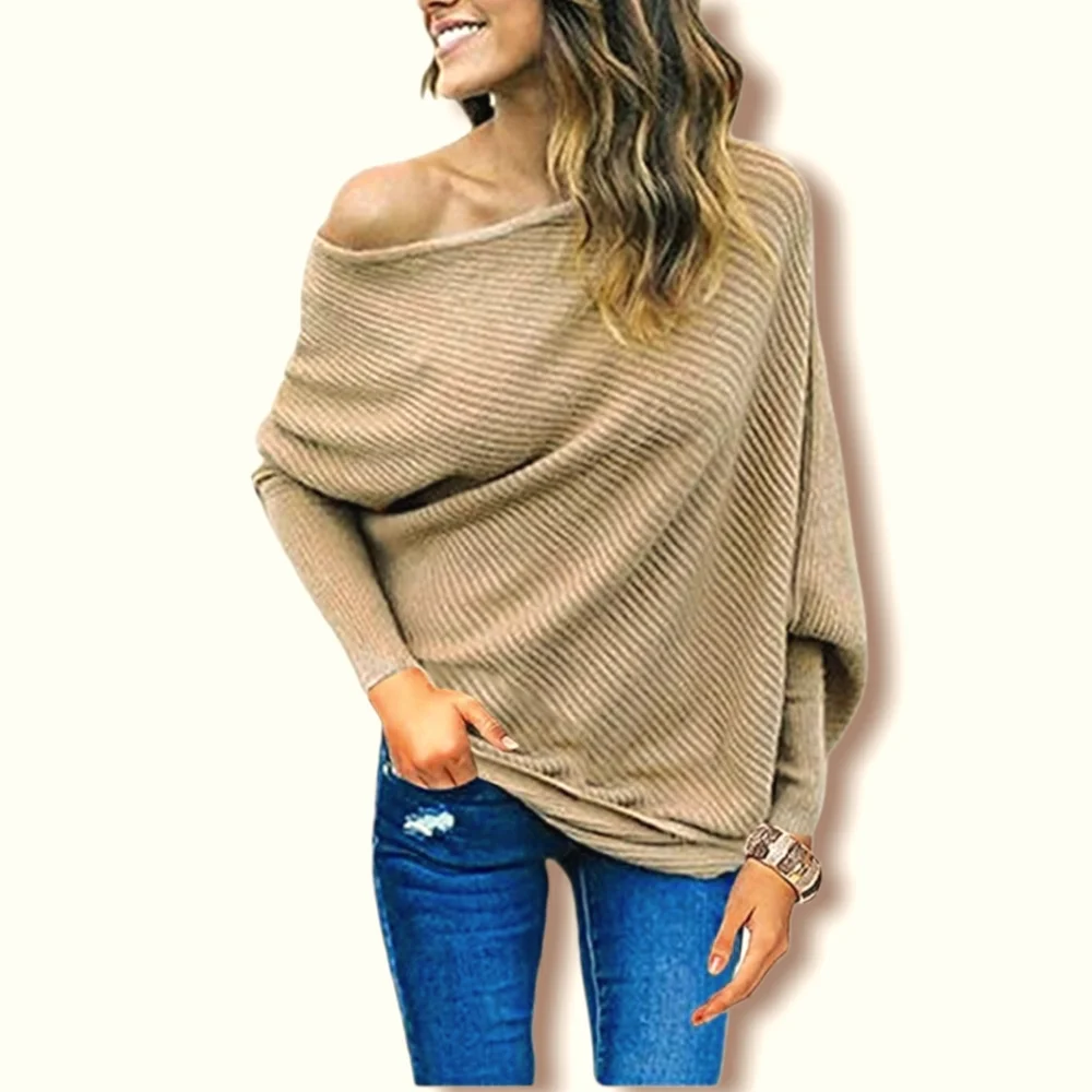 Women's Off the Shoulder Batwing Sleeve Loose Pullover Knit Sweater Tan Size XL - Picture 1 of 4